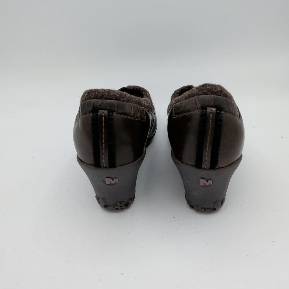 Merrell Tulip Espresso Brown Leather Wool Wedge Slip On Shoes Vibram Womens‎ 7